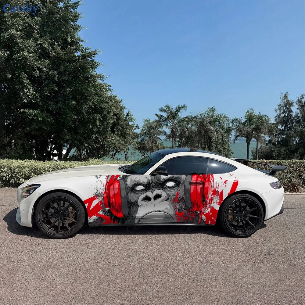 2pcs Gorilla Wearing Headphones Car Sticker Full Body Floral Decoration Scratches Protect Car Sticker Waterproof Car Vinyl Wraps
