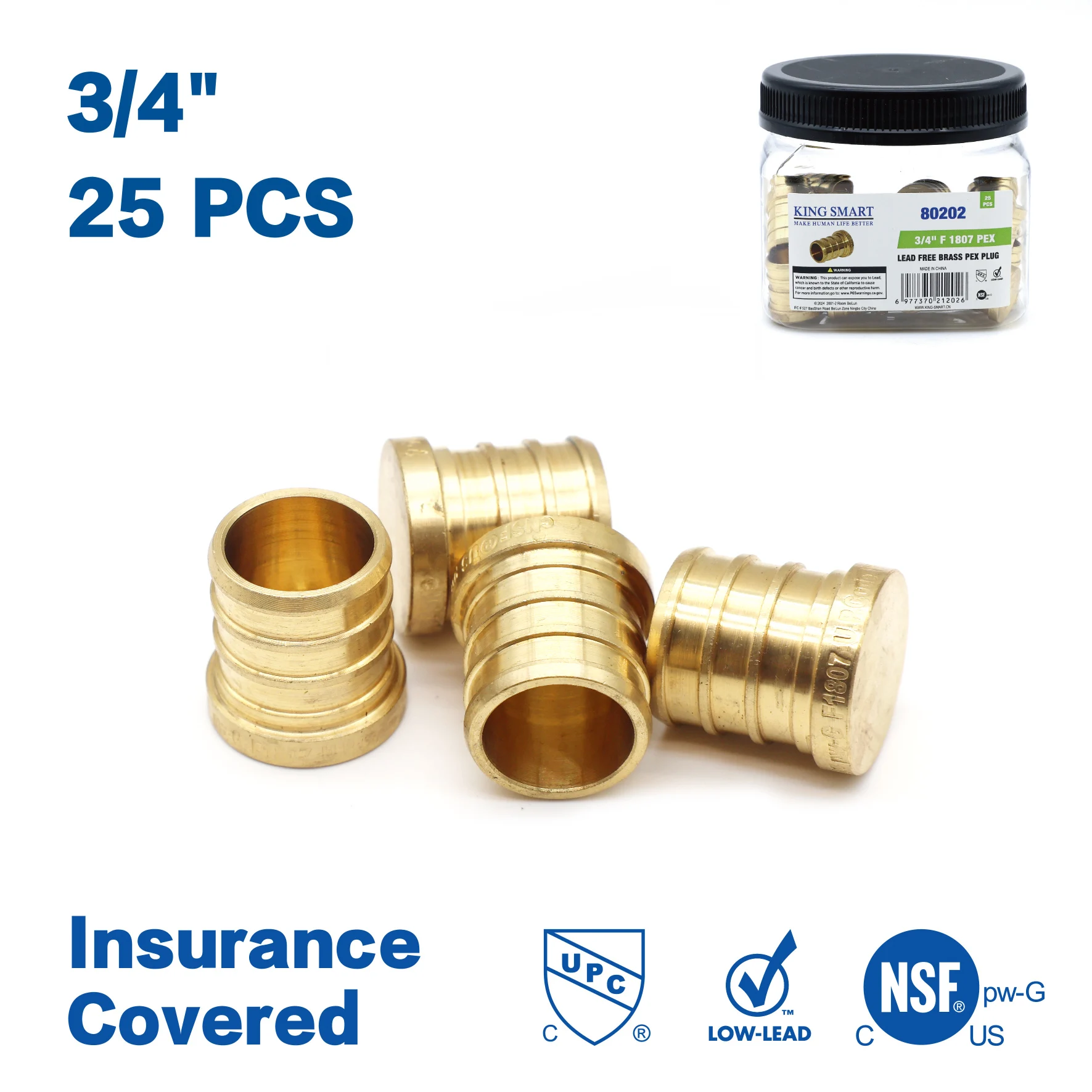 

KING SMART Crimp PEX Plug 3/4"; Suitable for PEX B/C, PERT Pipe Installation; Lead Free Brass; 25Pcs/Case; 80202