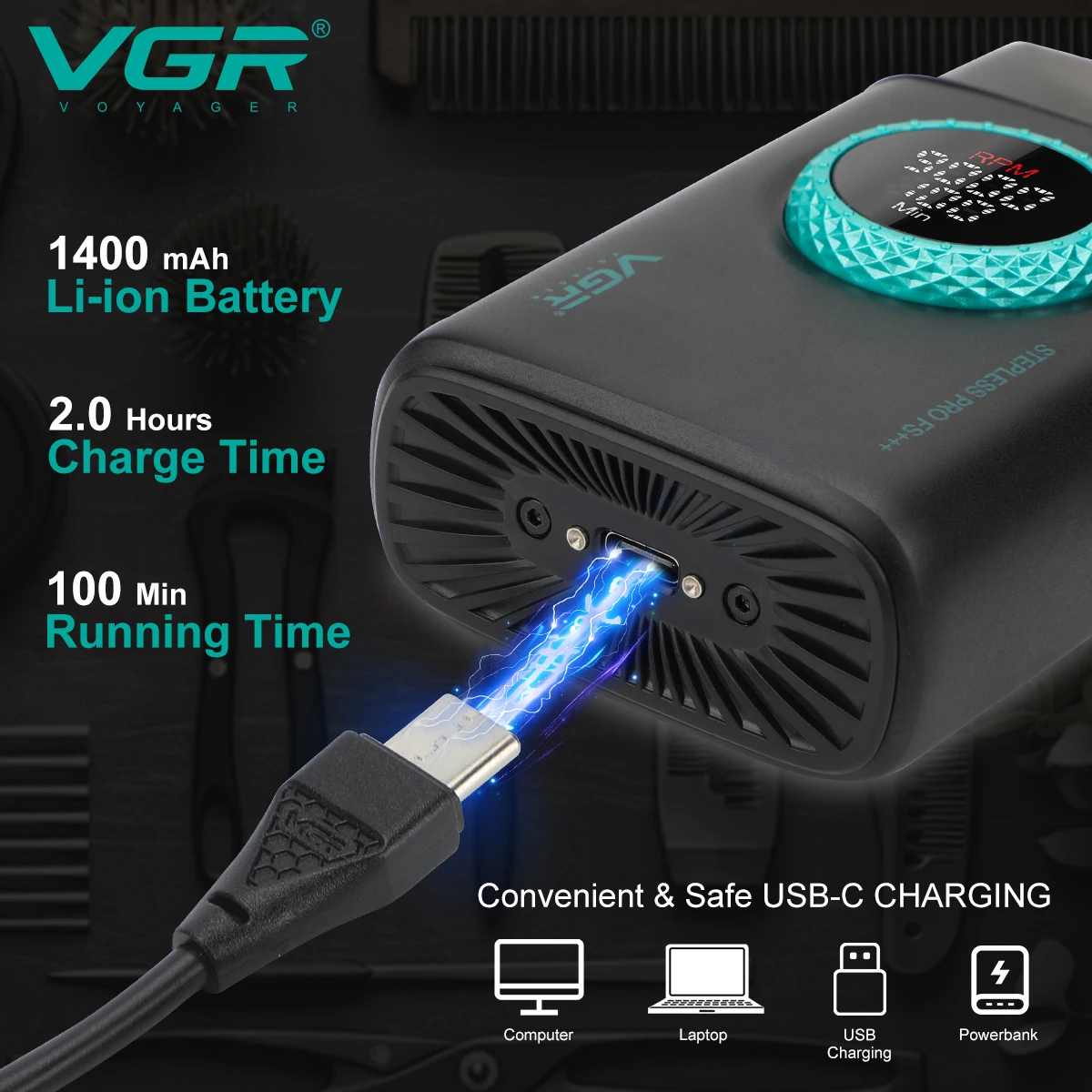 VGR الراقية الرجال ماكينة حلاقة سبيكة الترددية ثلاثة شفرات ماكينة حلاقة LED شاشة ديجيتال ذكية 9000 سرعة الشعر المتقلب V-378