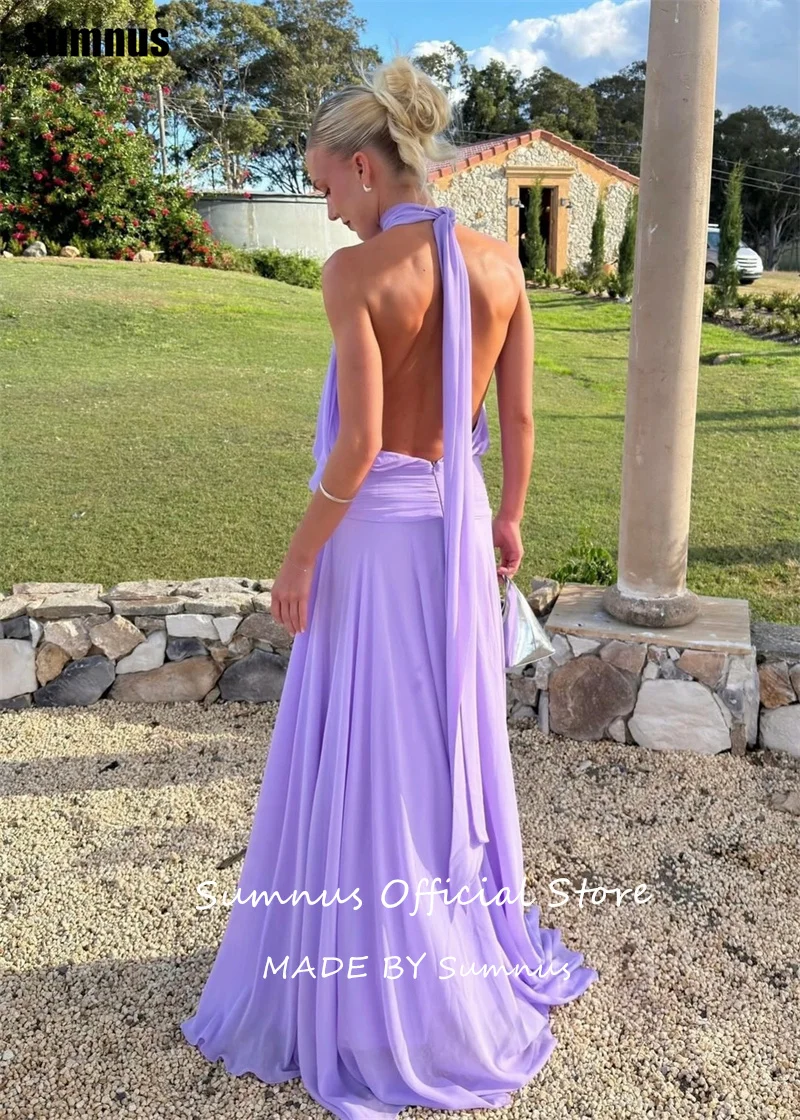 Sumnus Simple Lavender A-Line Prom Dresses Halter Cut-out Side Slit 3D Floral Maxi Evening Dresses vestido gala Customized