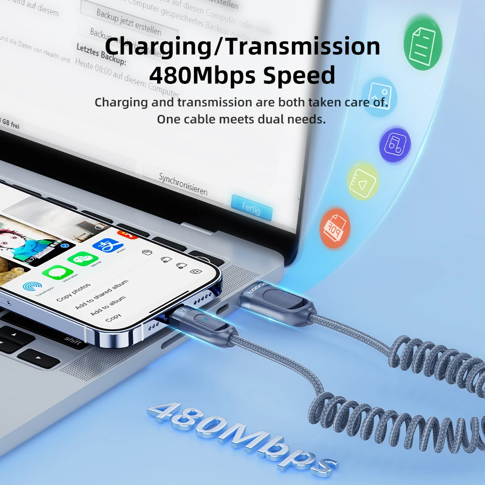 Toocki USB Cable for iPhone X XR AirPods 2.4A Fast Charging Charger Spring-Braided iP Cable for iPhone 14 Pro LED Lighting Cord