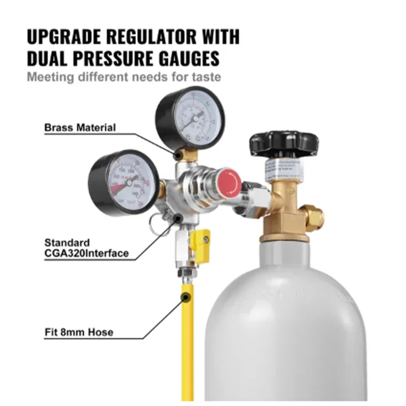 Double Gauge Regulator, CO2 Regulator Gauge with 0-60PSI, Heavy Duty CO2 Gauge Gas System, Draft Beer Regulator with Check Valv