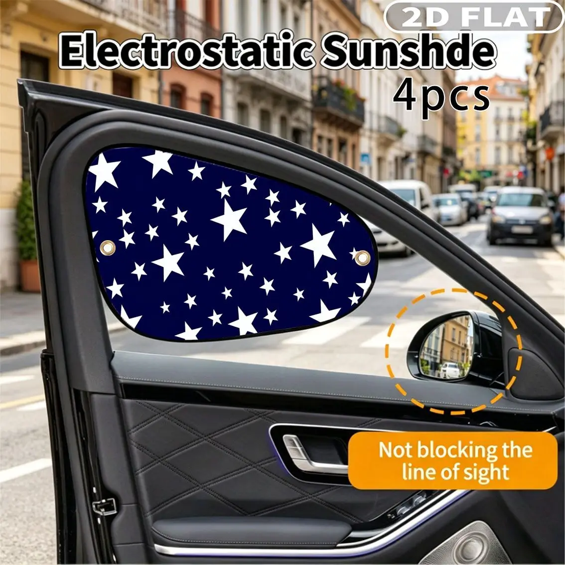 Pare-soleil latéraux pour voiture, impression 2D, 4 pièces, avec 8 ventouses, motif étoiles blanches sur fond bleu foncé, pour 4 saisons