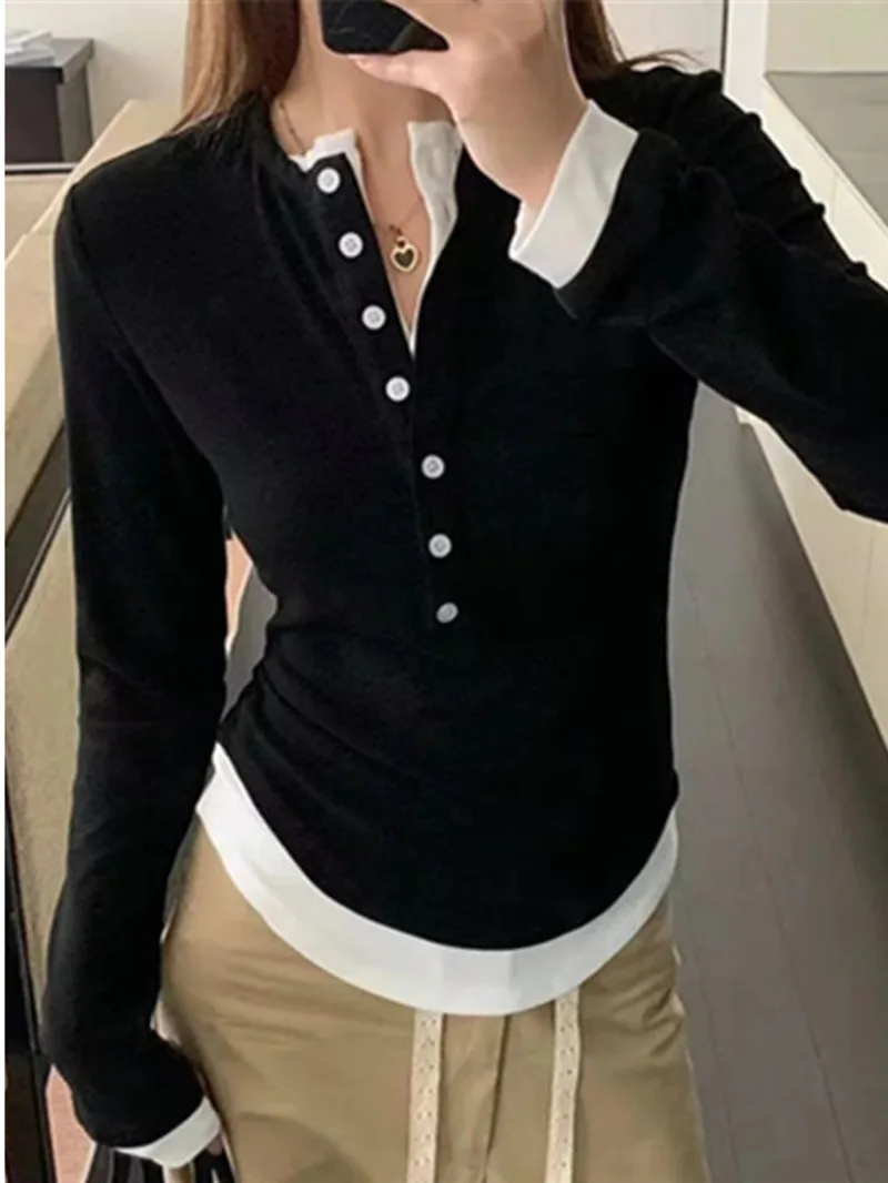 

Semi 2024 New Open Neck Fake Two-piece Long Sleeve Pullover Women's Early Autumn Single Breasted Slim Casual Versatile Top DUTL