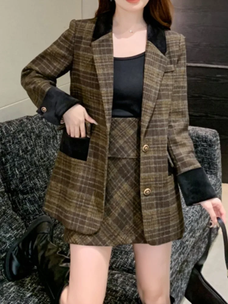 Winter Women Elegant Casual Plaid Blazer Skirts Suit Vintage Business Formal Jackets Coat Mini Saya Outfits Female 2 Pieces Set