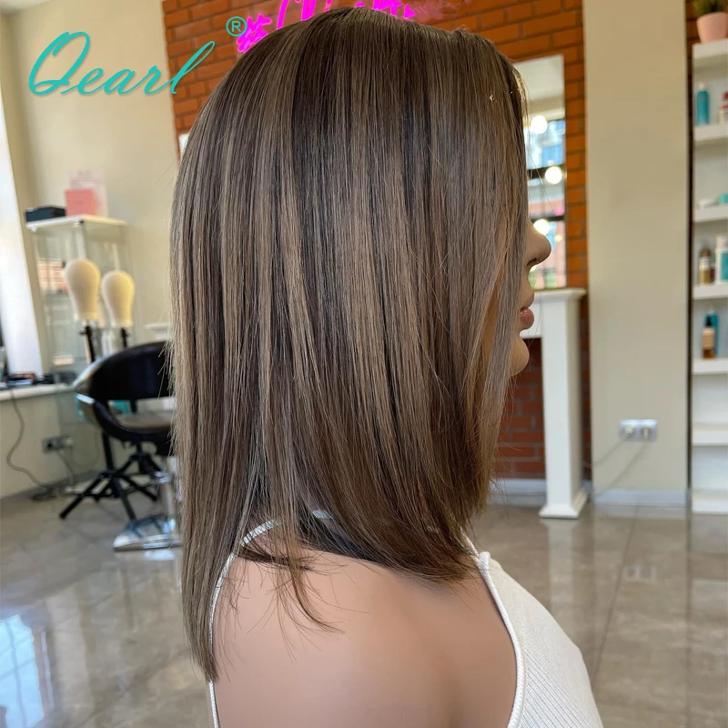 Qearl Cabelo-Straight Lace Frontal Perucas, Natural Chocolate Brown Destaques, Bob Peruca, Peruca de Cabelo Humano, Cabelo Virgem, 13x4, Venda, HD