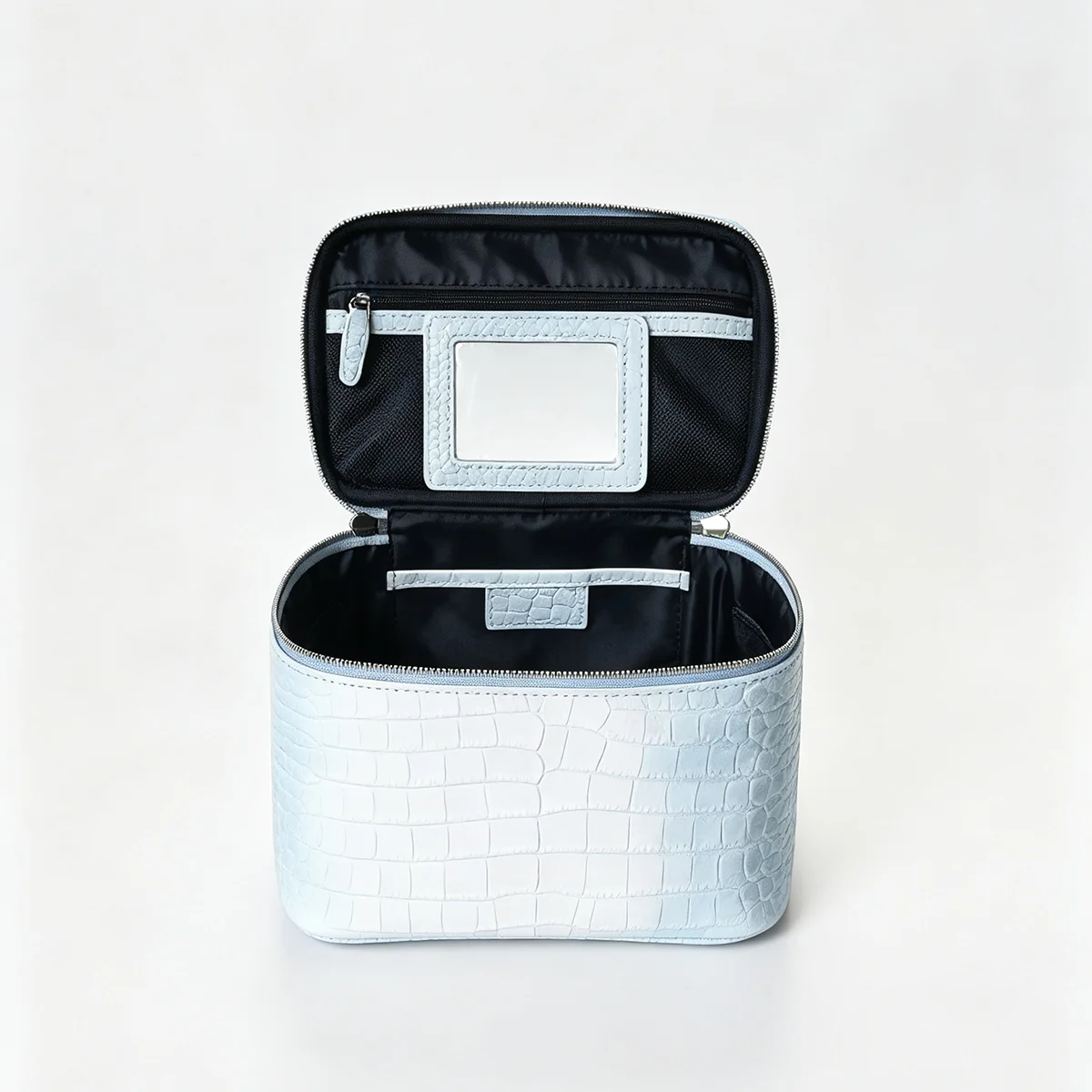 Große Kosmetiktasche aus echtem Leder für Damen, mit Krokodilprägung, als Make-up-Organizer und Reise-Toilettentasche mit integriertem Spiegel, Neu – Detail 19