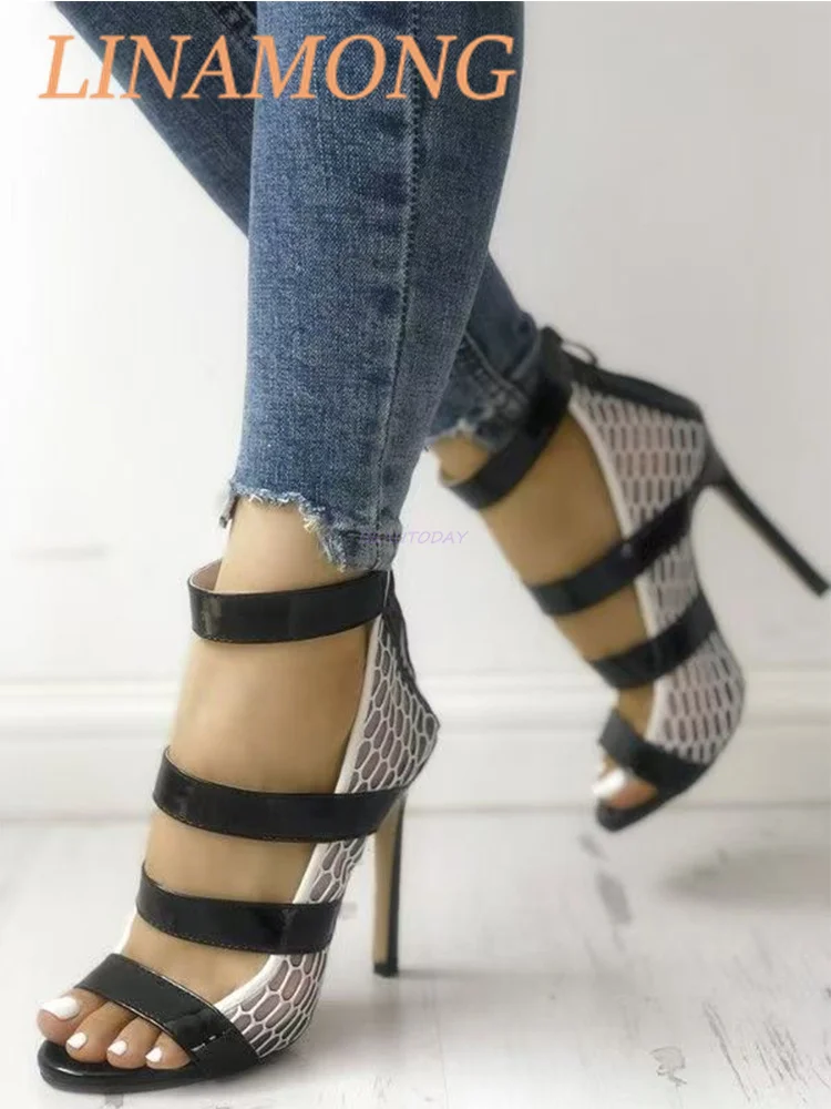 بو شبكة عالية الكعب المألوف متعدد حزام مشبك الربط وسحاب تصميم أبيض وأسود اللون مطابقة الصنادل الطرف #3