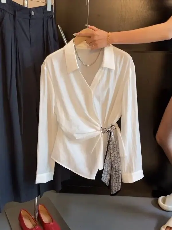 

Уникальный корейский дизайн: женский длинный шелковый платок-платок с асимметричным краем и поясом для весеннего образа, идеальный для офиса