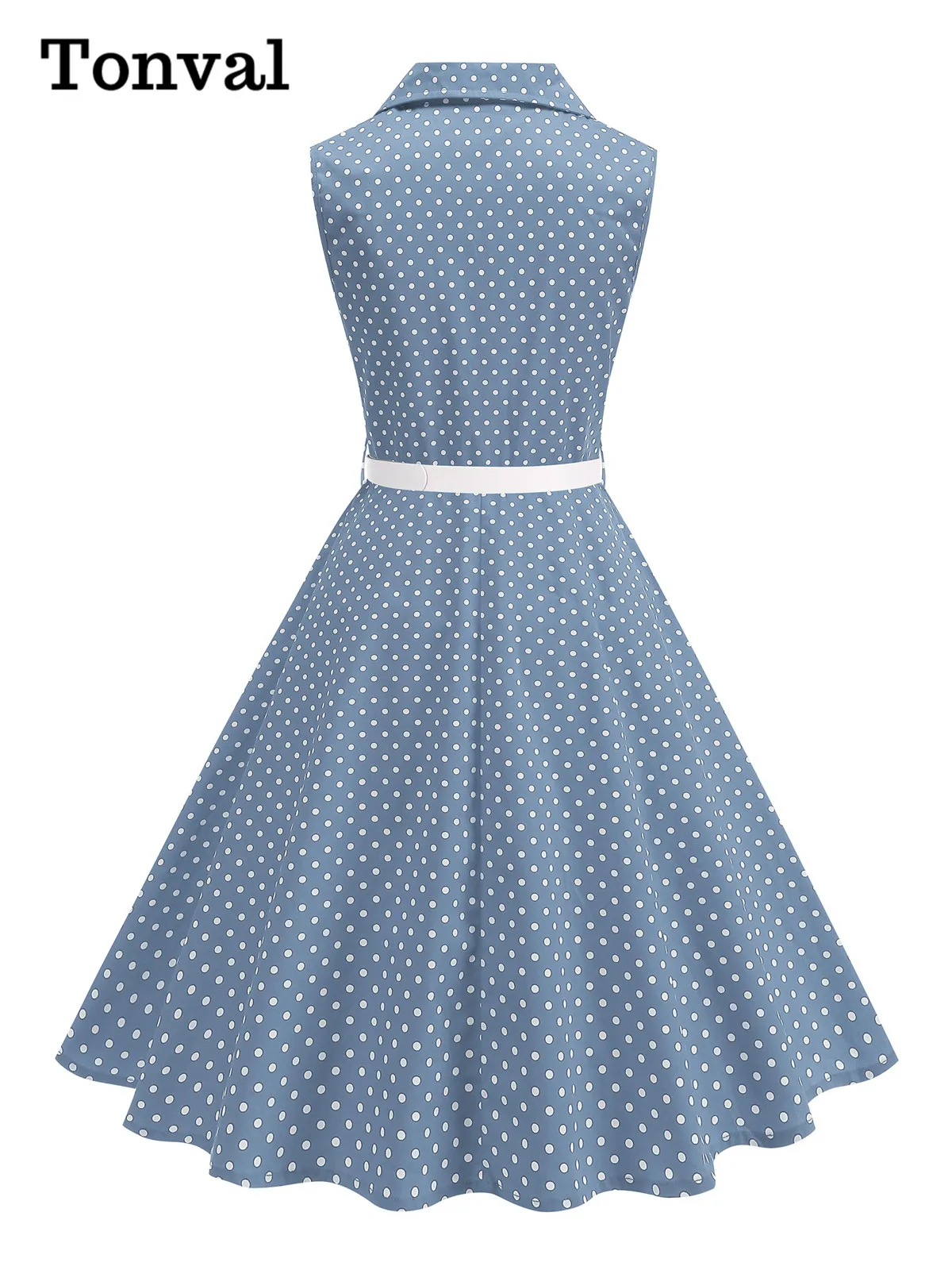 Tonval ノッチ襟ノースリーブ夏水玉模様の女性のドレスベルトボタンアップヴィンテージ服エレガントなフレア裾ドレス