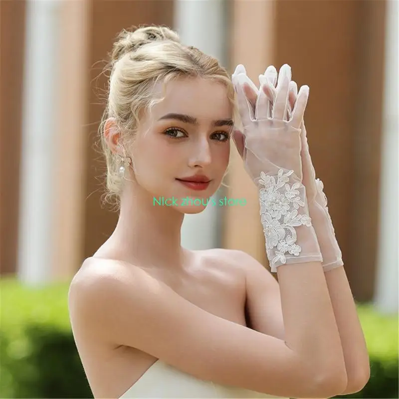 E15E قفازات زفاف شبكية متينة من الدانتيل، ملابس ناعمة لحفلات التصوير الفوتوغرافي وإكسسوارات يد العروس