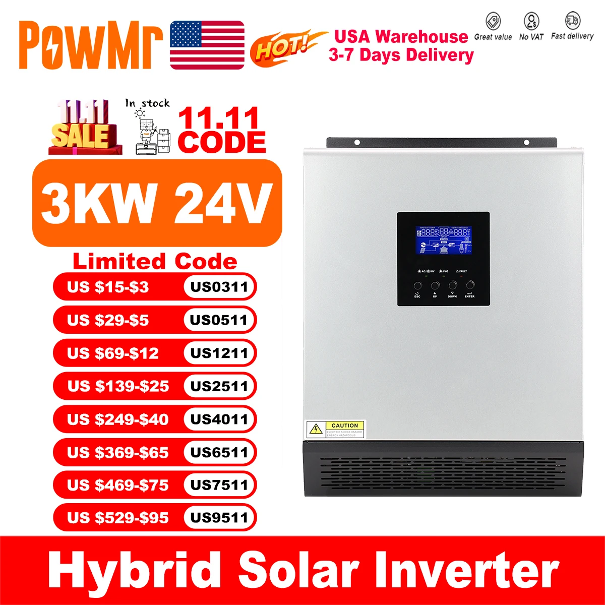

Гибридный солнечный инвертор PowMr 2400 Вт от 24 В до 110 В, 120 В, чистая синусоида с солнечным контроллером заряда ШИМ 50 А и зарядным устройством переменного тока для дома