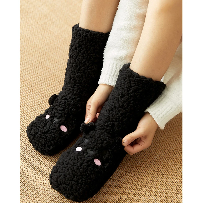 Thermal Socks Fluffy Women Winter Warm Plush Soft Female Silicone Anti Slip Non Kawaii Funny Cute Bear Short Fuzzy Socks Casual