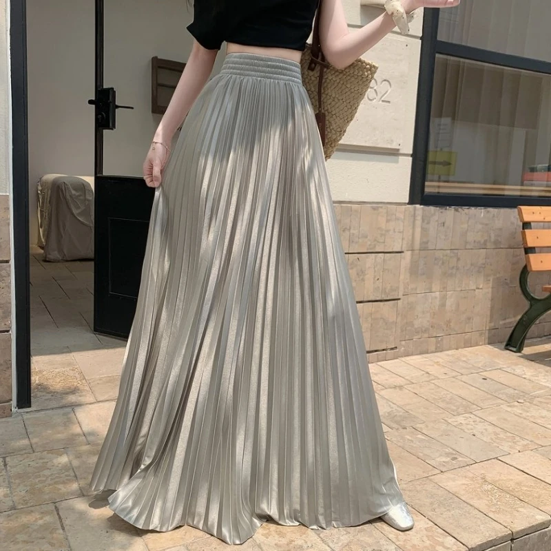 Summer Wrinkled Pleated Skirt Women Maxi Skirt 2026 Korean Style Casual High Waisted A-Line Long Skirts 100cm
