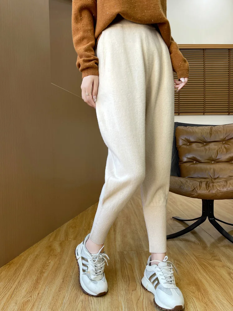 Women Fashion100% Pure Wool Pants Ladies Warm Knitted Soft Skinny Leisure Pants Versatile Horse Boot Trousers