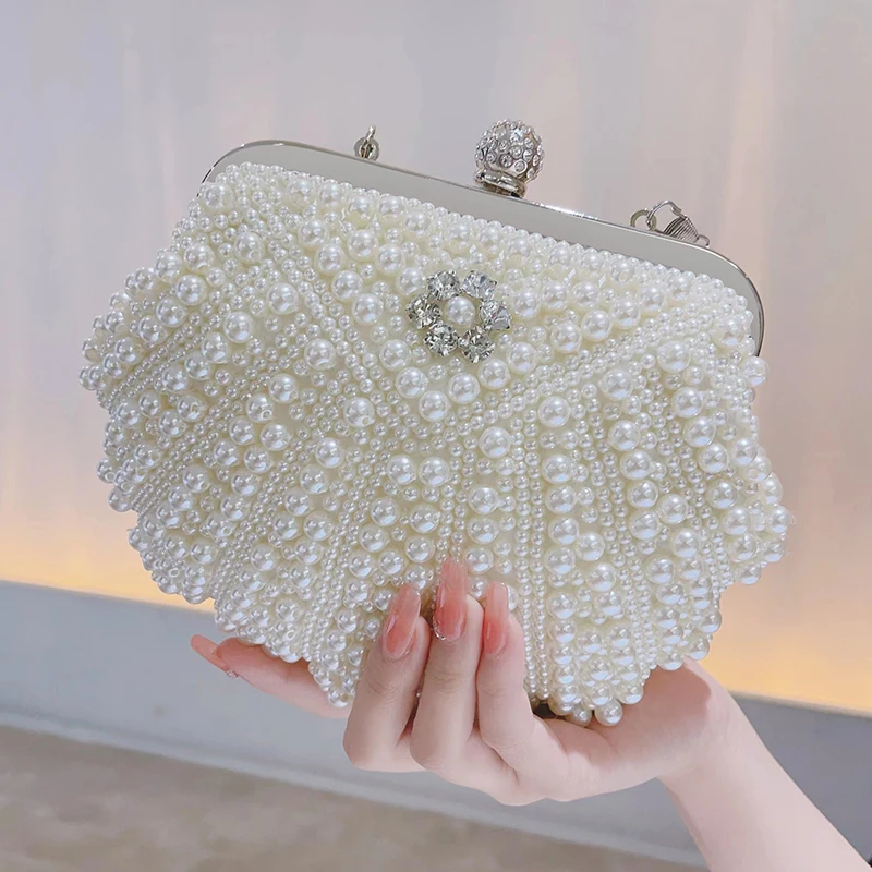 

Elegant Shell Pearl Rhinestone Evening Bride Bag Banquet Cocktail Party Small Handbag Clutch Purse