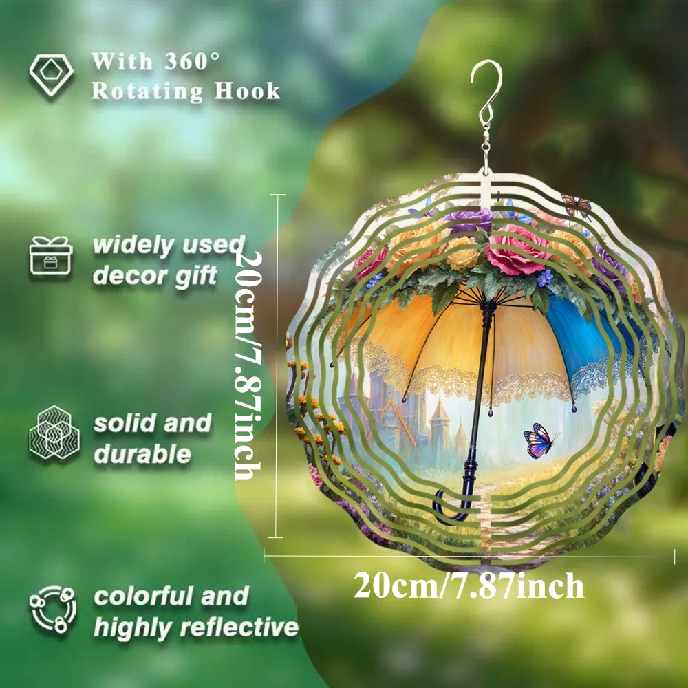 3D 1pc Fantasy Garden Flower Butterfly Wind Chime, Beautiful Fairytale Style, Metal 3D Rotating Wind Chime with 360° Swivel Hook