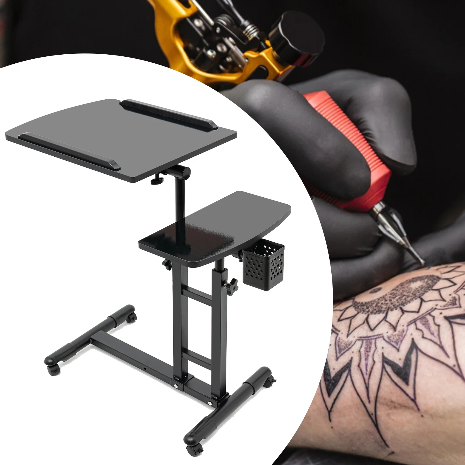 Tattoo Table, Salon Tray Cart with Wheels, Height Adjustable, Dual Countertops, Trolley Storage Platform, Black