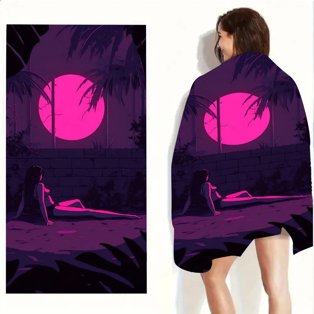 Vaporwave Sunset Girl Beach Towel Patterned Sunscreen And Windproof Suitable For Swimming Pool Camping Travel Blanket