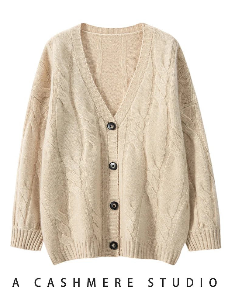 

New High Qualit Women 100% Cashmere Sweater V-Neck Cable Knitting Buttons Loose Cardigan Autumn Winter Thick Warm Knitwear Tops