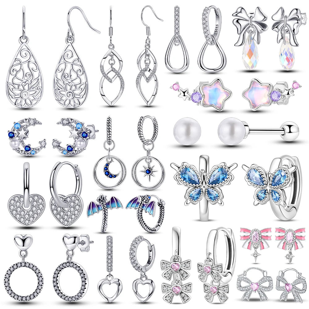 925 스털링 실버 스파클링 보우 스터드 귀걸이 귀걸이 여성을위한 원래 매력 후프에 맞게 여자 스터드 귀걸이 파인 쥬얼리 선물