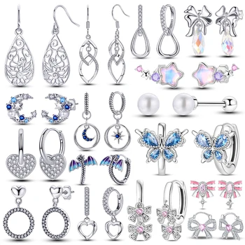 925 스털링 실버 스파클링 보우 스터드 귀걸이 귀걸이 여성을위한 원래 매력 후프에 맞게 여자 스터드 귀걸이 파인 쥬얼리 선물