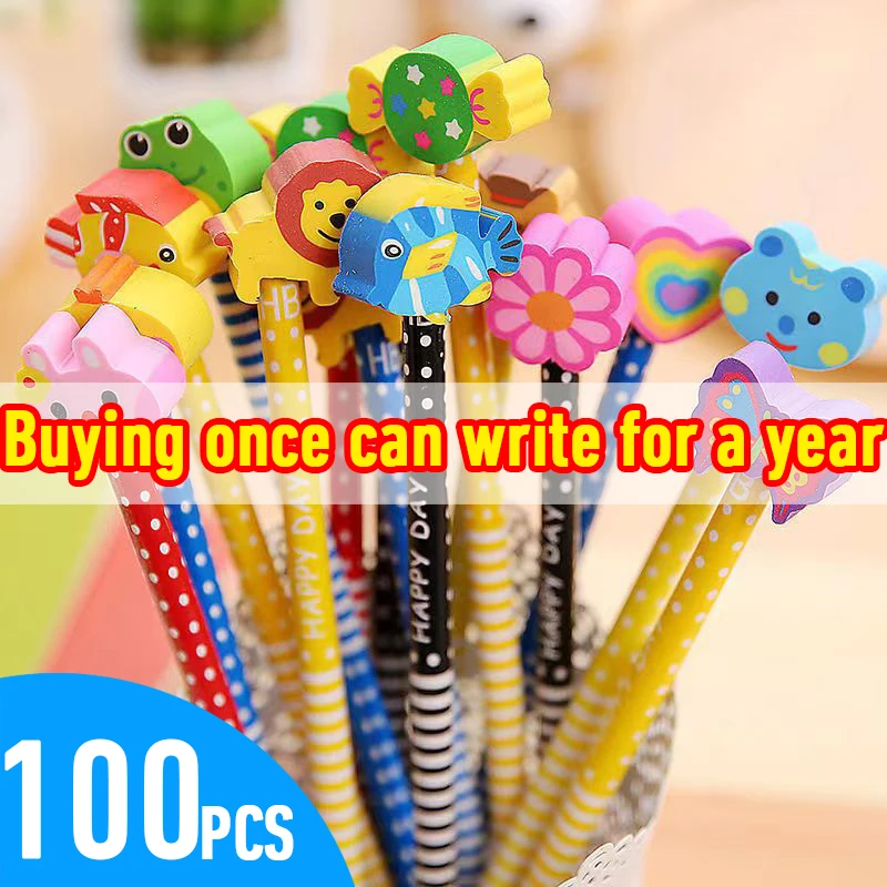 

100pcs Cartoon With Eraser Pencil Kawaii Cute HB Creative Stationery Gifts For Kindergarten Pupils Office And School Supplies