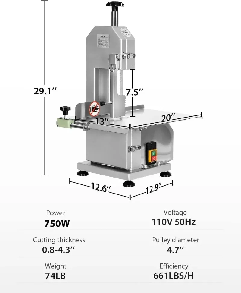 Meat Cutter Machine Electric, 750W Stainless Steel Countertop Bone Sawing Machine Frozen Meat Cutter with 6 Blades for Rib