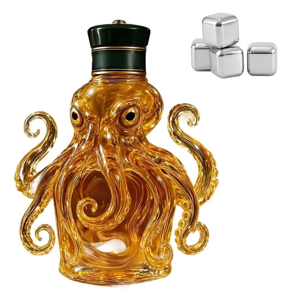 3D Carved Octopus Whiskey Decanter Glass Bottle Home Bar Decor Tabletop Ornament Ocean Theme Sculpture Liquor Storage Container view 3