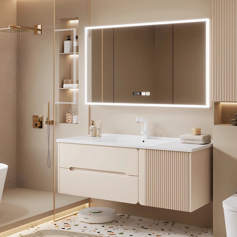 Washbasin Wood Bathroom Cabinet Drawers Design Minimalist Mirror Bathroom Cabinet Sink Led Light Meuble Wc House Accessories