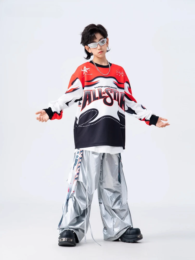 Boys Hip Hop Fashion Sweatshirt Contrast Loose Silver Pants Cool Streetwear Clothes Set Group Street Dance Jazz Stage Costume