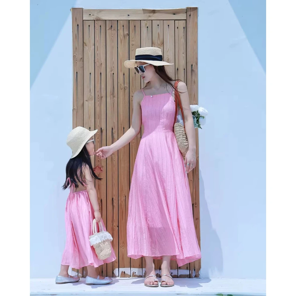Vacation Look Mom and Daughter Matching Pink Dress Sling Backless Resort Mother and Baby Girl Elegant Dresses for Women Clothing