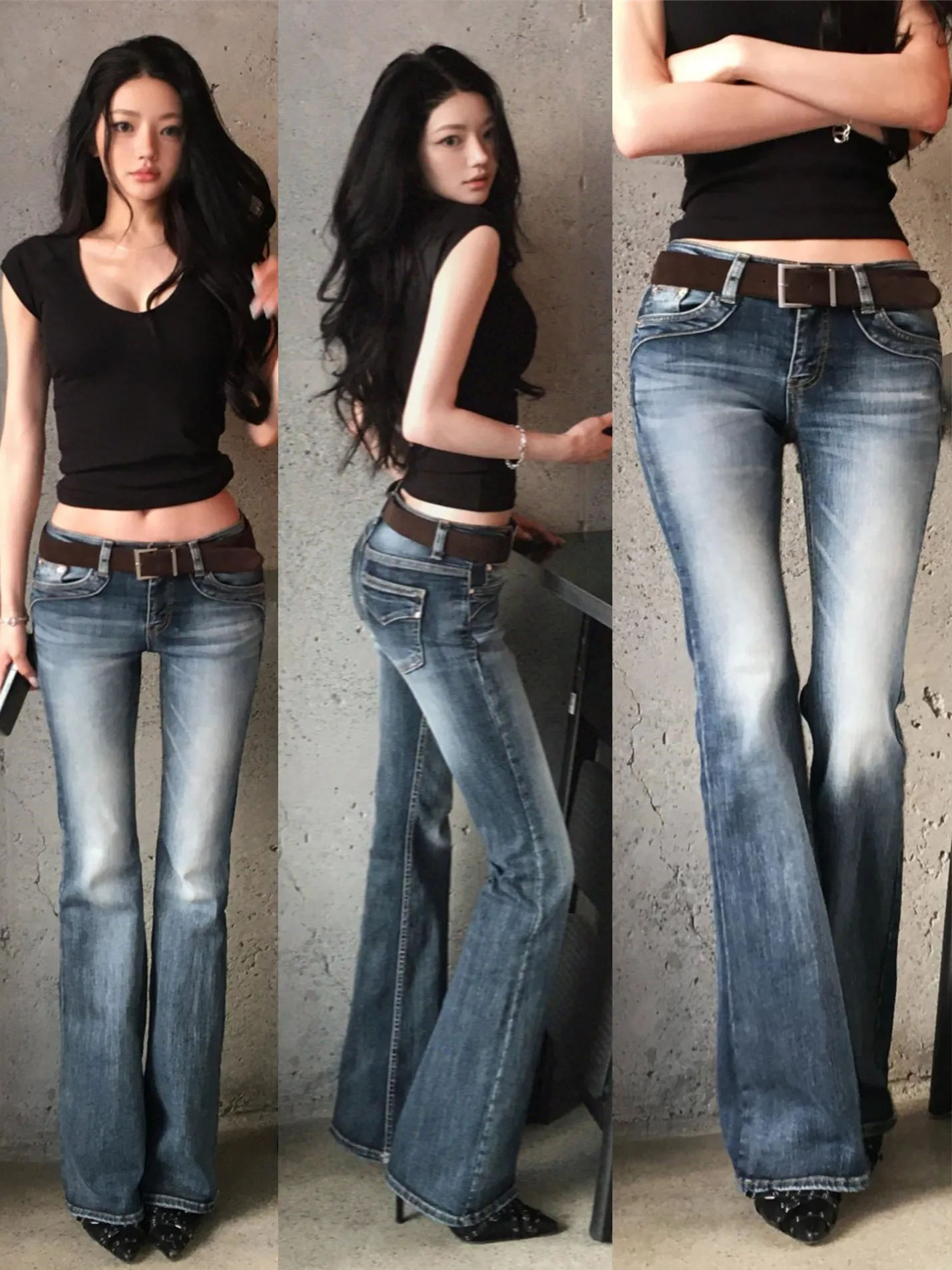 Low Waist Bell Bottom Jeans Women's Retro Washed Denim Pants Hip Enhancing Long Trousers Spring Autumn Winter Seasonal Use