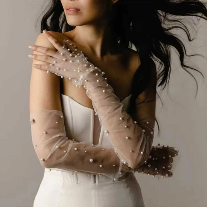 Elegant Fairy Bridal Fingerless Pearl Tulle Gloves Wedding Removable Sheer Mesh Arm Sleeves Party Styling Accessories