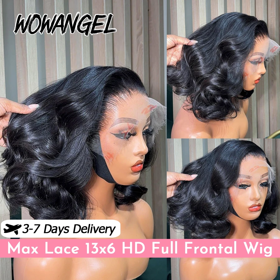 WOWANGEL Body Wave Short Bob Wig 100% Human Hair 250% Density 13x6 HD Lace Full Frontal Wig Loose Wave Glueless Wigs Pre Plucked