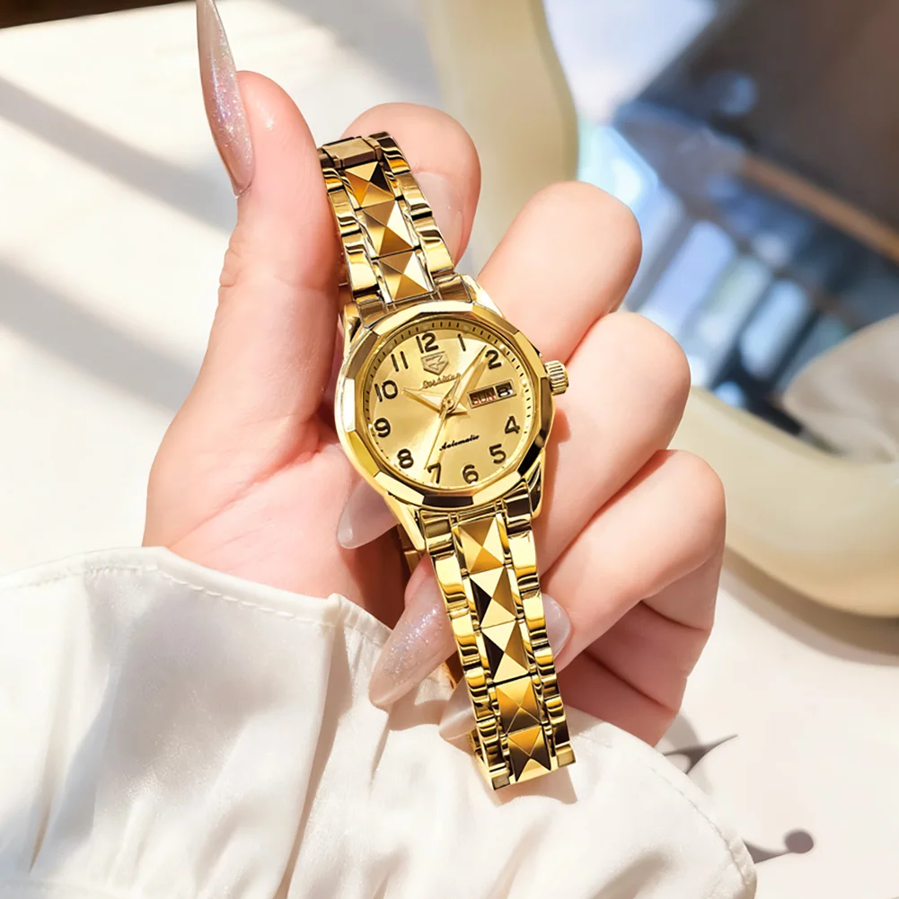 

JINSHIDUN 8990 Brand original authentic tungsten steel strap double calendar women's mechanical watch