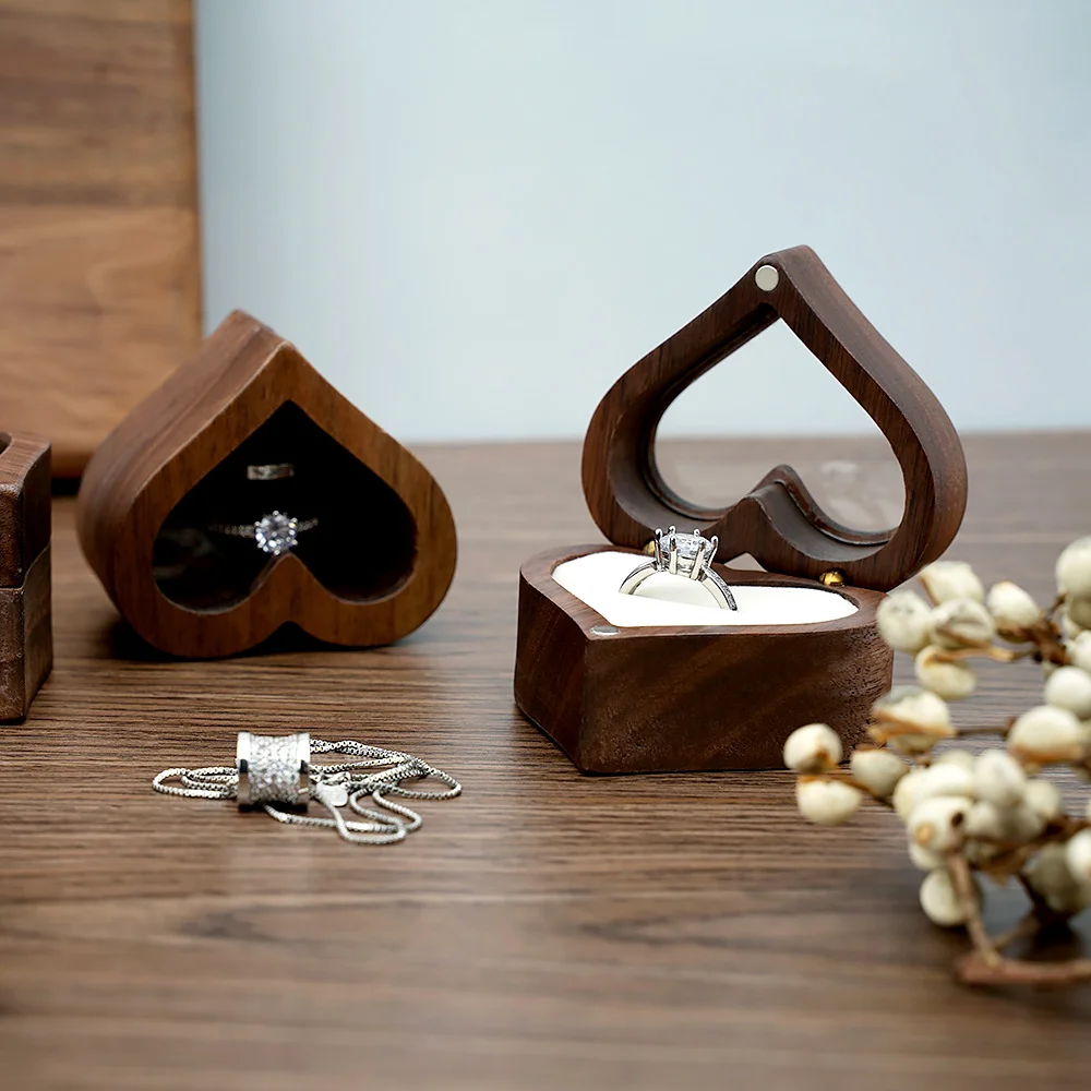 Wedding Band Exquisite Storage Box Couple Anniversary Heart Shaped Ring Box Mall Jewelry Cabinet Black Walnut Wood Display Tool