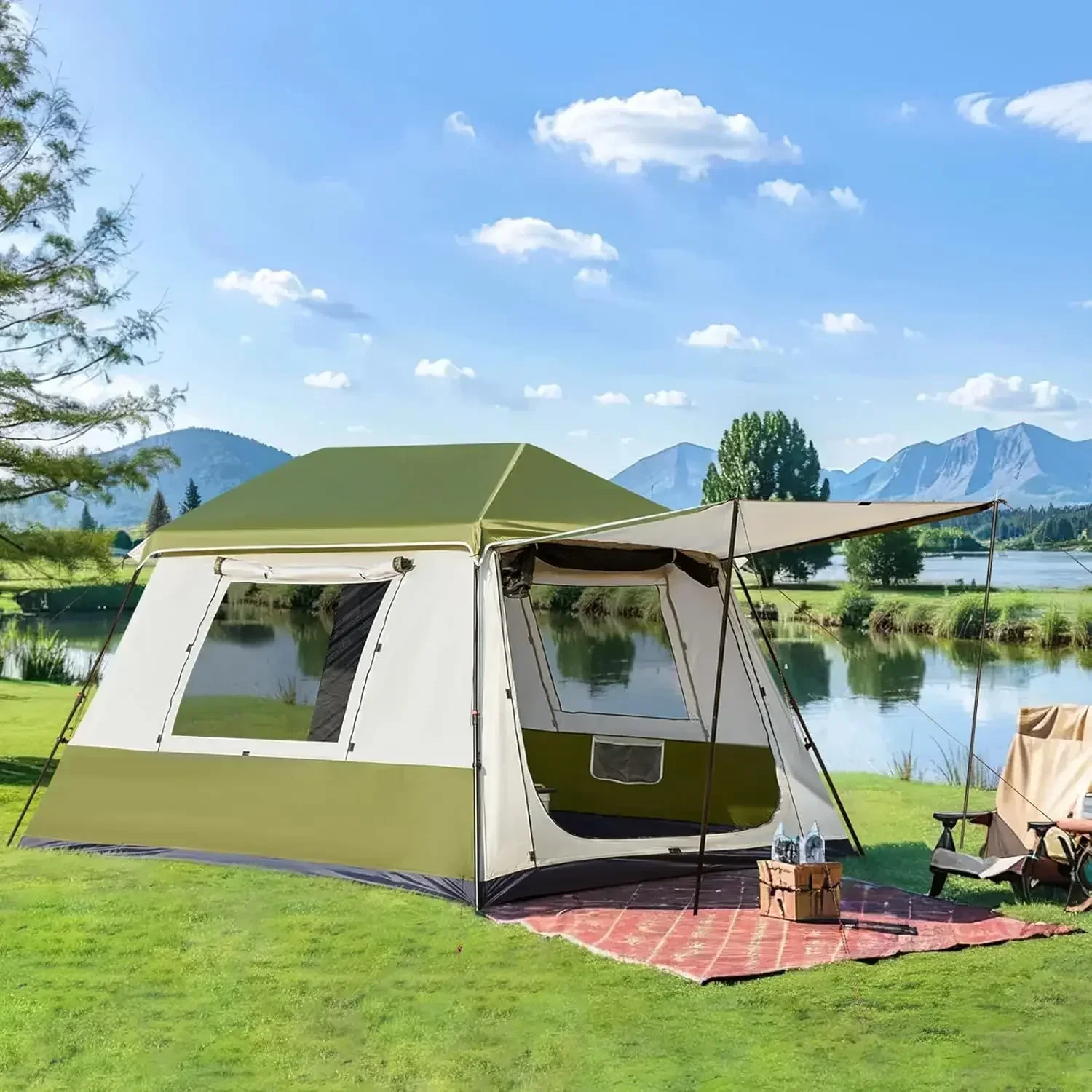 Instant Cabin Tent, 4-8 Person Quick Setup Family Camping Tent with Rainfly and Extended Canopy, Weather Resistant Tent with Mes