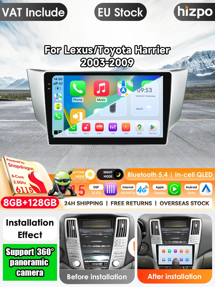 Android 15, WLAN + 4G, Carplay, Autoradio für Lexus RX300 RX330 RX350 RX400H 2003–2009, Navigation, GPS-Player, Stereo, Multimedia mit Apple CarPlay, intelligentes System, IPS-Touchscreen,