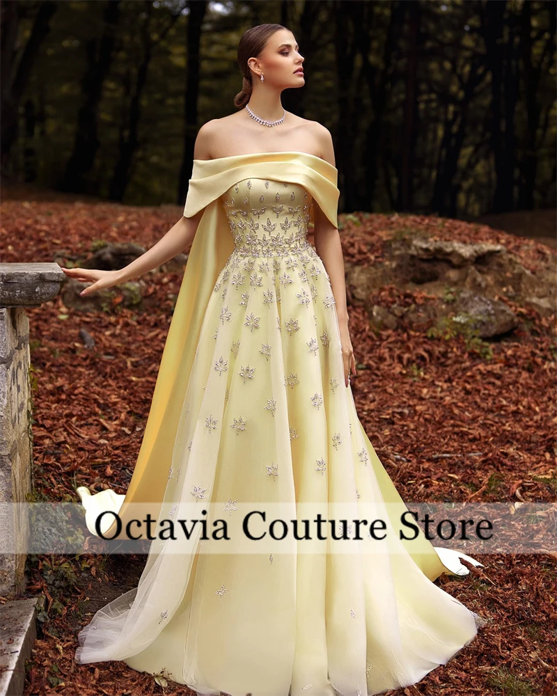 

Желтое вечернее платье с открытыми плечами в Саудовской Аравии, роскошное вечернее платье в Дубае с накидкой, расшитое бисером шлейфом, женское свадебное платье по индивидуальному заказу فستان 한이