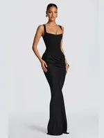 Women Solid Pleated Sling Sleeveless Dress Off-shoulder Waist Cinching Square Neck Slim Dresses Summer Evening Party Gowns 2026 - Image 4