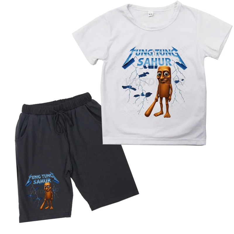 

Забавный мем, футболка для мальчиков, костюм, итальянский комплект детских шорт Brainrot, Tung Tung Sahur, футболки с рисунком, летняя детская одежда