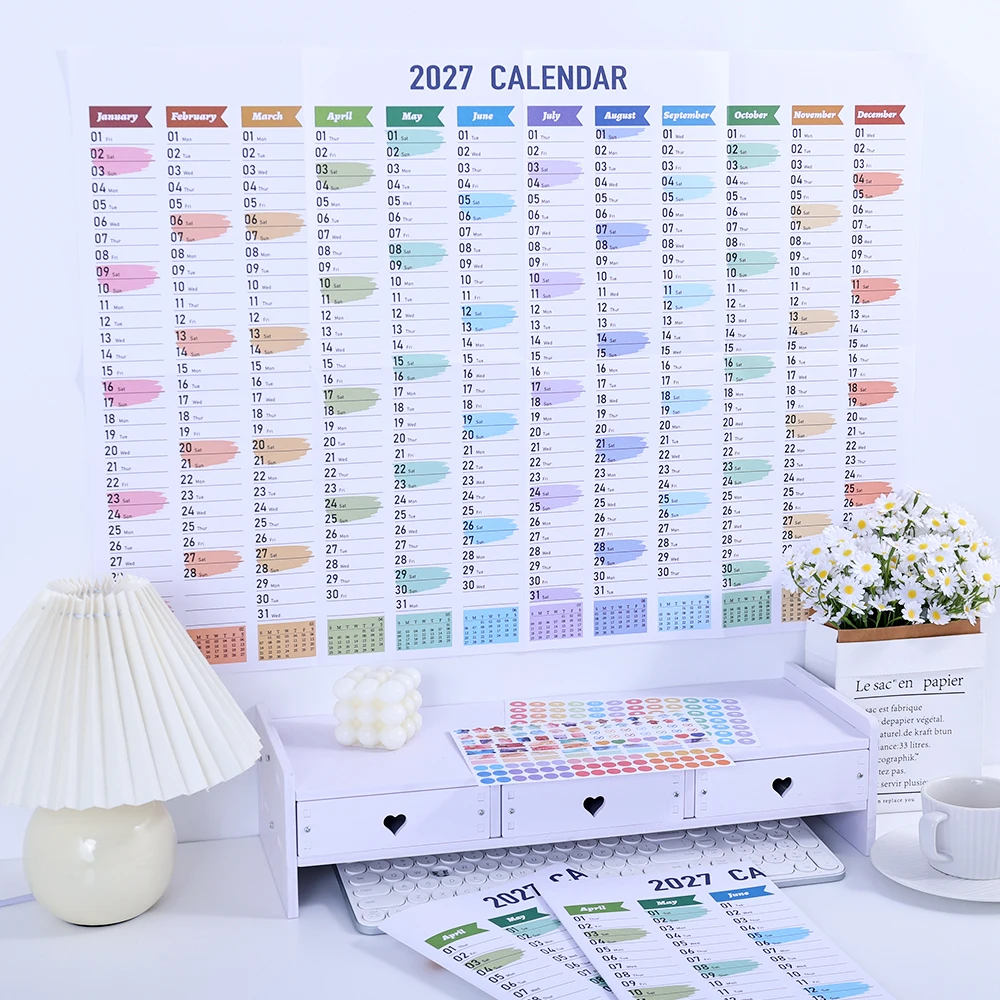 2027 Wall Calendar, Large Size with Stickers Tapes & Memo Sections, Colorful Daily Planner & Yearly Decor for Home Office