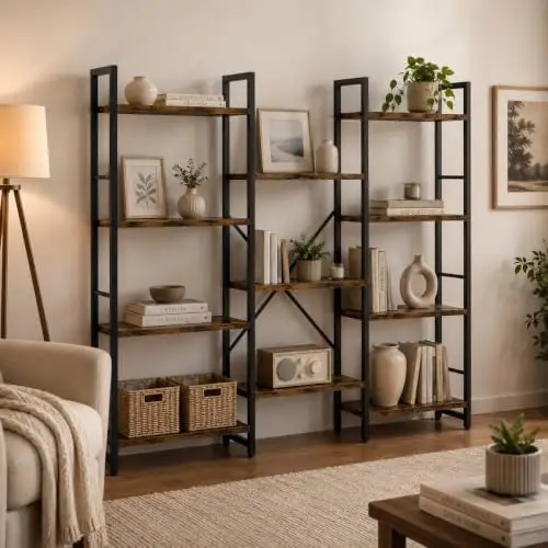 Bookshelf, 4 Tier Open Etagere Bookcase, Rustic Wood & Metal Frame Freestanding Display Shelving Unit, Multi-Layer Open