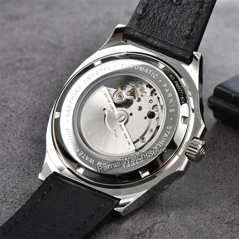 Parnis 42mm Cristal de Safira Miyota8215 Automático Preto Verde Mostrador Masculino Relógio Mecânico