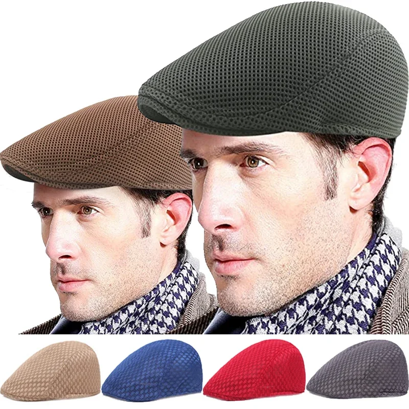 Men\'s Breathable Mesh Caps Women Casual Beret Hats Flat Cap Adjustable Flat Cap Style Gatsby Hat Peaked Summer Sun Hat