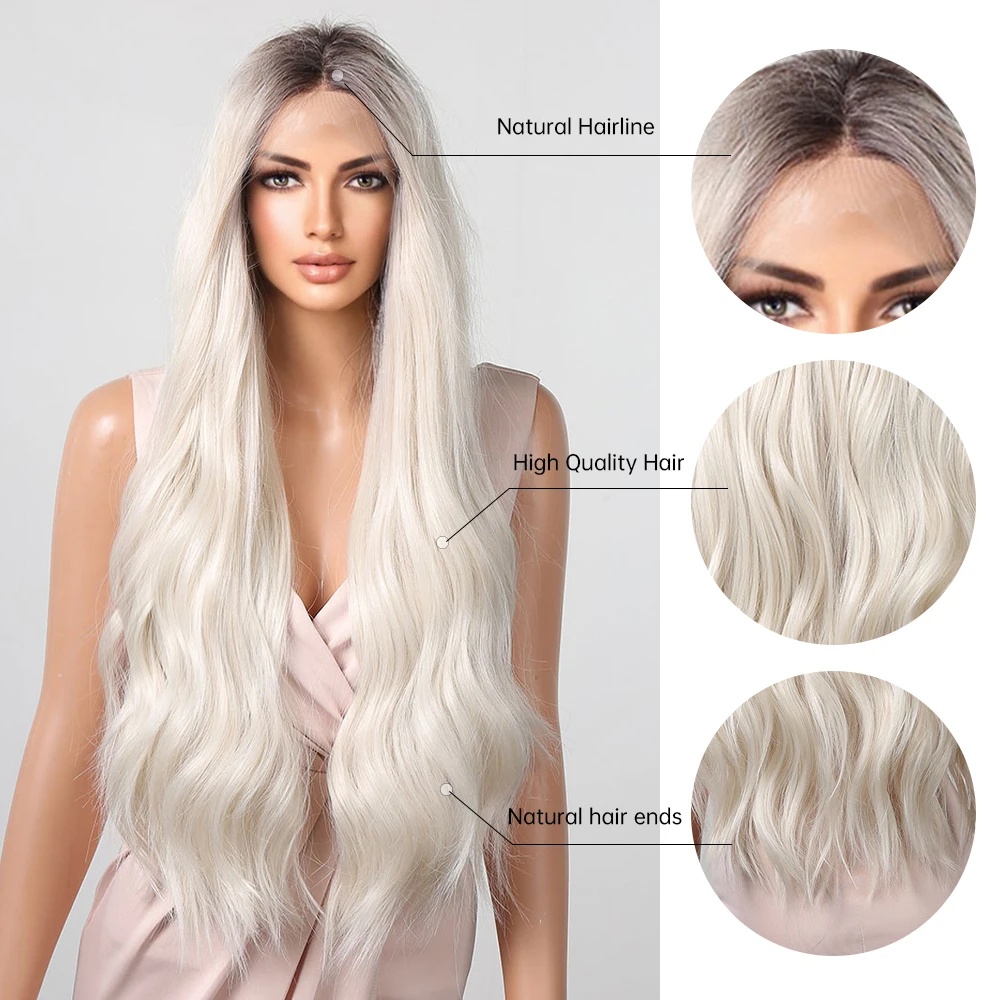 HENRY MARGU Long Platinum Blonde Lace Front Wigs Ombre Blonde Synthetic Wig Natural Wavy Daily Hair 13*1 T Part Lace Wig