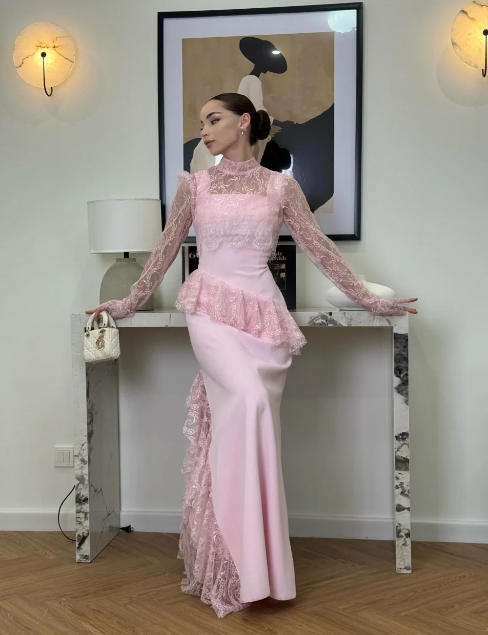 

Customized Pastrol Exquisite Jersey Pleat Lace Mermaid High Collar Long Dresses Evening Dresses Sizes Available