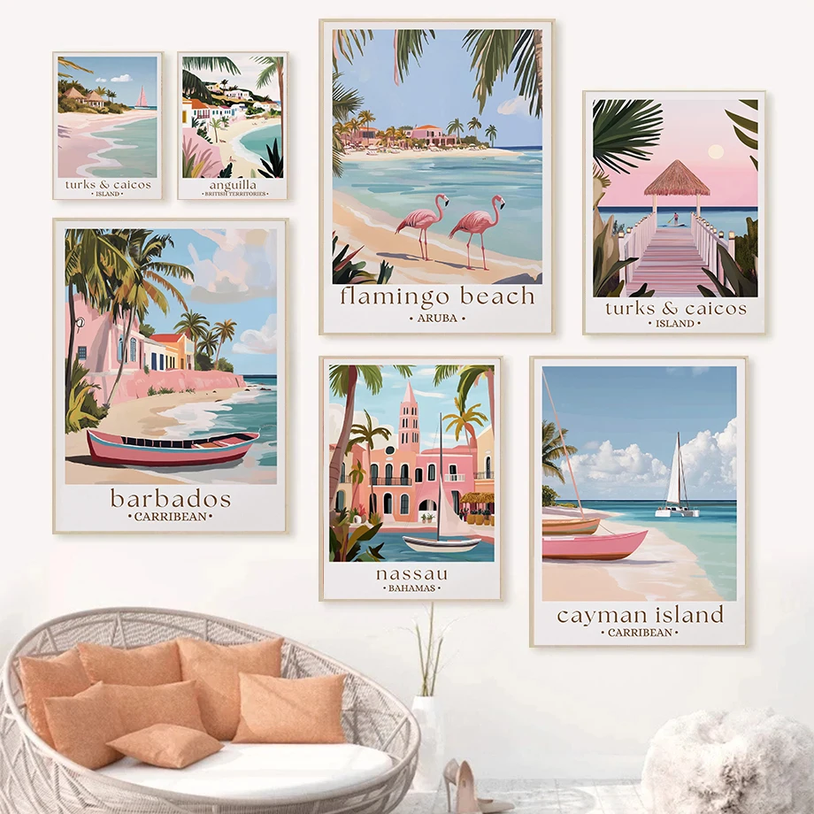 (1PC Unframe)Tropical Island Caribbean Posters Flamingo Beach Barbados Travel Beach Prints Canvas Painting Wall Art Pictures Hom