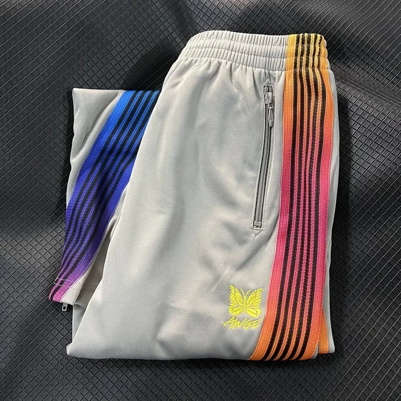 

2025ss Butterfly Embroidery AGWE White Pants Rainbow Striped Casual Pants Zipper Pocket Trousers With Tags